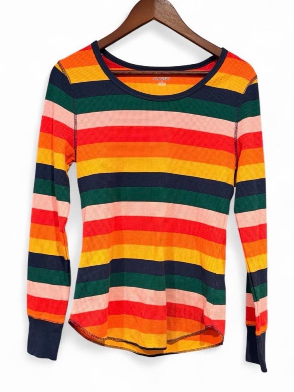 Old Navy Multicolor Striped Long Sleeve Tee - Navy, Red, Yellow, Green, Pink